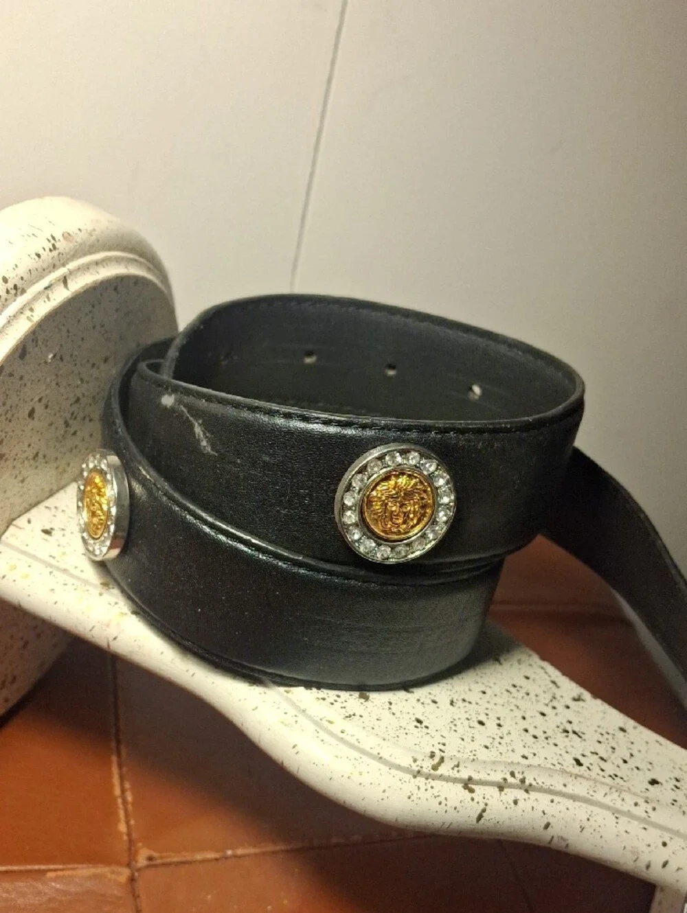Versace Black Leather Men's Belt with Gold Medallion Buckle